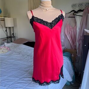 Red Satin Slip with Black Lace Trim - Women's Chemise
